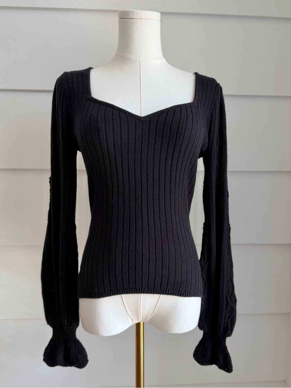 PAIGE Sweater Black Europa Rib-Knit Sweetheart Top size S